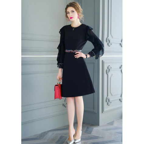L283 Custom Made to order Chiffon Ruffle Long Sleeve A-Line Day Dress Regular Size XS S M L XL & Plus size 1x-10x (SZ16-52)
