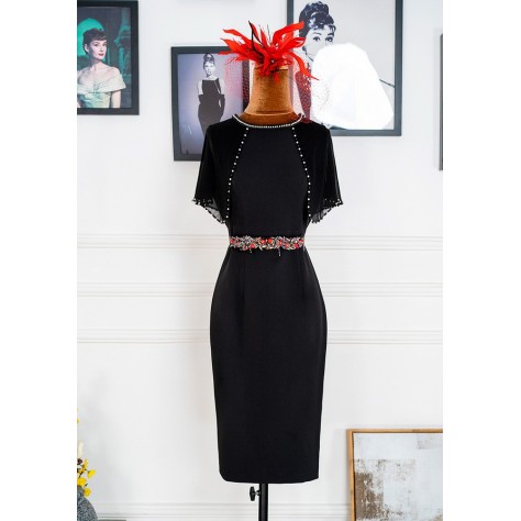 L355 Custom Made to order Chiffon Cape Sleeve Beaded Trim Party Sheath Dress Regular Size XS S M L XL & Plus size 1x-10x (SZ16-52)