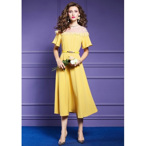 L356 Custom Made to order Polyester Crew Neck Ruffle A-Line Big Swing Dress Regular Size XS S M L XL & Plus size 1x-10x (SZ16-52)