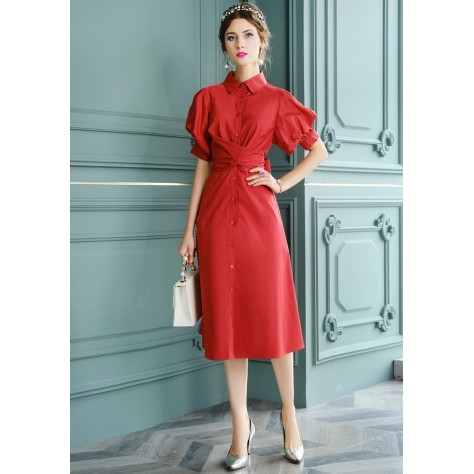 L365 Custom Made to order Spandex cotton Poplin Puff Sleeve Poplin A-Line Midi Shirt Dress Regular Size XS S M L XL & Plus size 1x-10x (SZ16-52)
