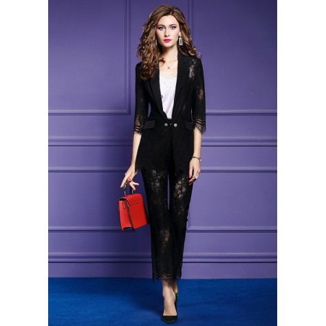 L408 Custom Made to order Lace Fashion Lapel Blazer Pants 2-Piece Set Regular Size XS S M L XL & Plus size 1x-10x (SZ16-52)