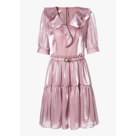 L446 Custom Made to order Satin V-Neck Ruffle A-Line Pleated Mini Dress Regular Size XS S M L XL & Plus size 1x-10x (SZ16-52)