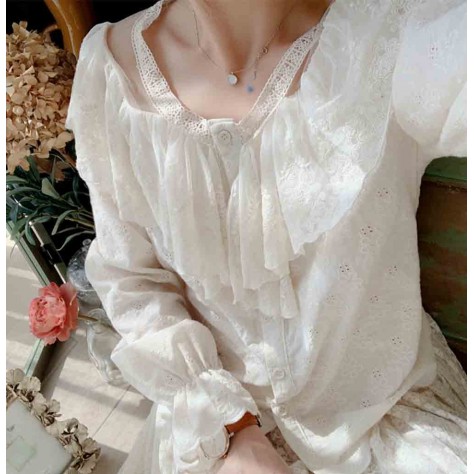 L526 Custom Made To Order polyester Lace Splice Ruffled Long Sleeved Shirt Top Regular Size XS S M L XL & Plus size 1x-10x (SZ16-52)