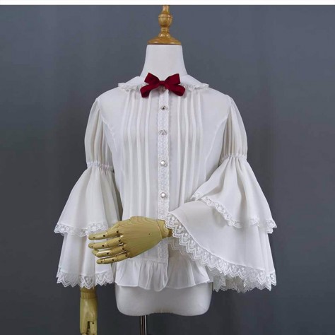 L55 Chiffon Long Sleeve Ruffled Lolita Gothic Bow Blouse Regular Size XS S M L XL & Plus size 1x-10x (SZ16-52)