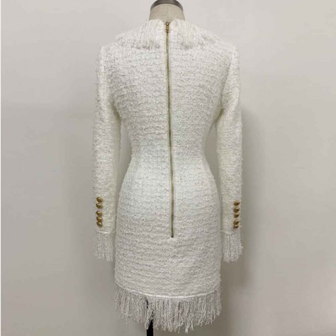 L596 Custom Made to order Tweed V-Neck Tasseled Trim Mini Wrap Dress Regular Size XS S M L XL & Plus size 1x-10x (SZ16-52)