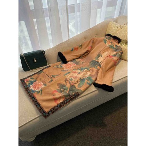 L660 Custom Made to order Polyester 3/4 Sleeve Fur Trim Floral Cheongsam Dress Regular Size XS S M L XL & Plus size 1x-10x (SZ16-52)
