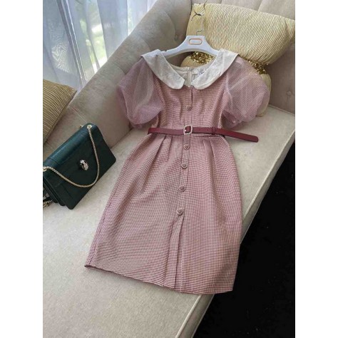 L683 Custom Made to order Polyester Women's Puff Sleeve Check A-Line Dress New Regular Size XS S M L XL & Plus size 1x-10x (SZ16-52)