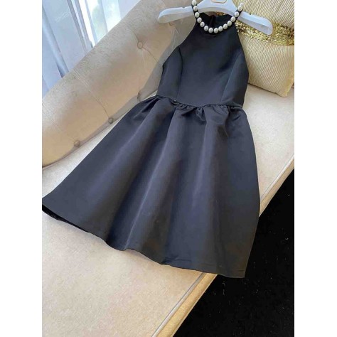 L684 Custom Made to order Satin Halter Pearl Trim A-Line Mini Party Dress Regular Size XS S M L XL & Plus size 1x-10x (SZ16-52)
