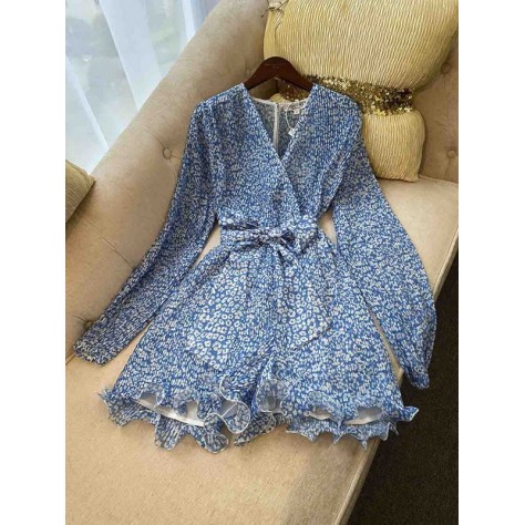 L762 Custom Made To Order Chiffon V-Neck Belted Jumpsuit Floral Shorts Summer Size XS S M L XL 0X1X2X3X4X5X6X7X8X9X10X