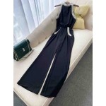 L763 Custom Made To Order Polyester Halter Beaded Trim Wide-Leg  Jumpsuit New Regular Size XS S M L XL & Plus size 1x-10x (SZ16-52)