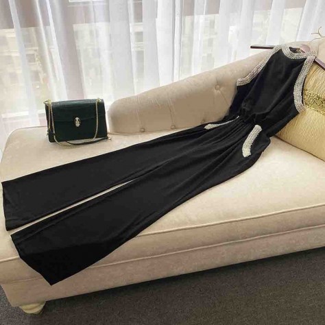 L763 Custom Made To Order Polyester Halter Beaded Trim Wide-Leg  Jumpsuit New Regular Size XS S M L XL & Plus size 1x-10x (SZ16-52)