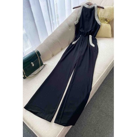 L763 Custom Made To Order Polyester Halter Beaded Trim Wide-Leg  Jumpsuit New Regular Size XS S M L XL & Plus size 1x-10x (SZ16-52)