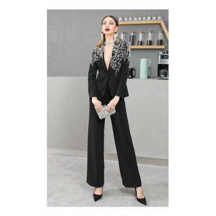 L946 Custom Made to order Cotton spandex Women's Fashion Beaded Straight Pants Suit Regular Size XS S M L XL & Plus size 1x-10x (SZ16-52)
