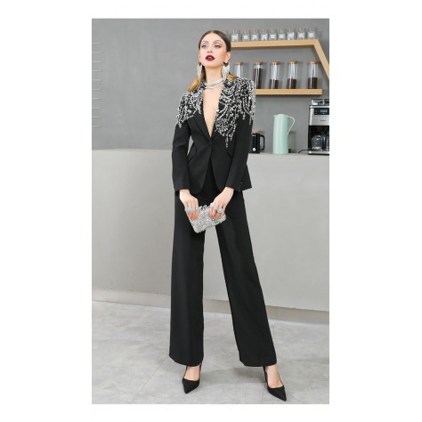 L946 Custom Made to order Cotton spandex Women's Fashion Beaded Straight Pants Suit Regular Size XS S M L XL & Plus size 1x-10x (SZ16-52)