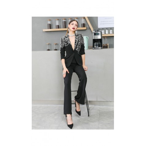 L946 Custom Made to order Cotton spandex Women's Fashion Beaded Straight Pants Suit Regular Size XS S M L XL & Plus size 1x-10x (SZ16-52)