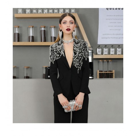 L946 Custom Made to order Cotton spandex Women's Fashion Beaded Straight Pants Suit Regular Size XS S M L XL & Plus size 1x-10x (SZ16-52)