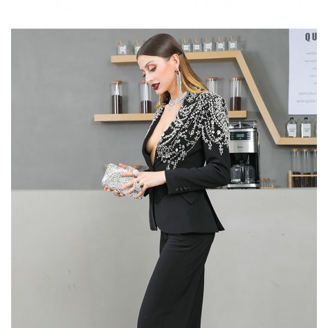L946 Custom Made to order Cotton spandex Women's Fashion Beaded Straight Pants Suit Regular Size XS S M L XL & Plus size 1x-10x (SZ16-52)