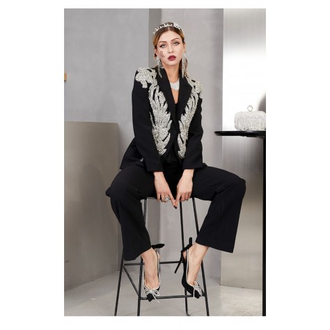 L947 Custom Made to order Cotton spandex Women's Beaded Jacket Straight Pants Suit Regular Size XS S M L XL & Plus size 1x-10x (SZ16-52)